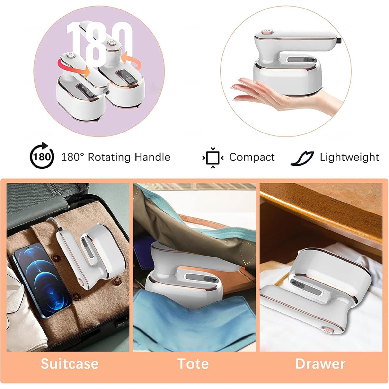 Mini Ferro da Stiro da Viaggio, Ferro da Stiro Portatile 1000w con Base in Titanio,Manico Pieghevole, Miniferroda Stiro Stiratura Rapida per Affari,Viaggi,White