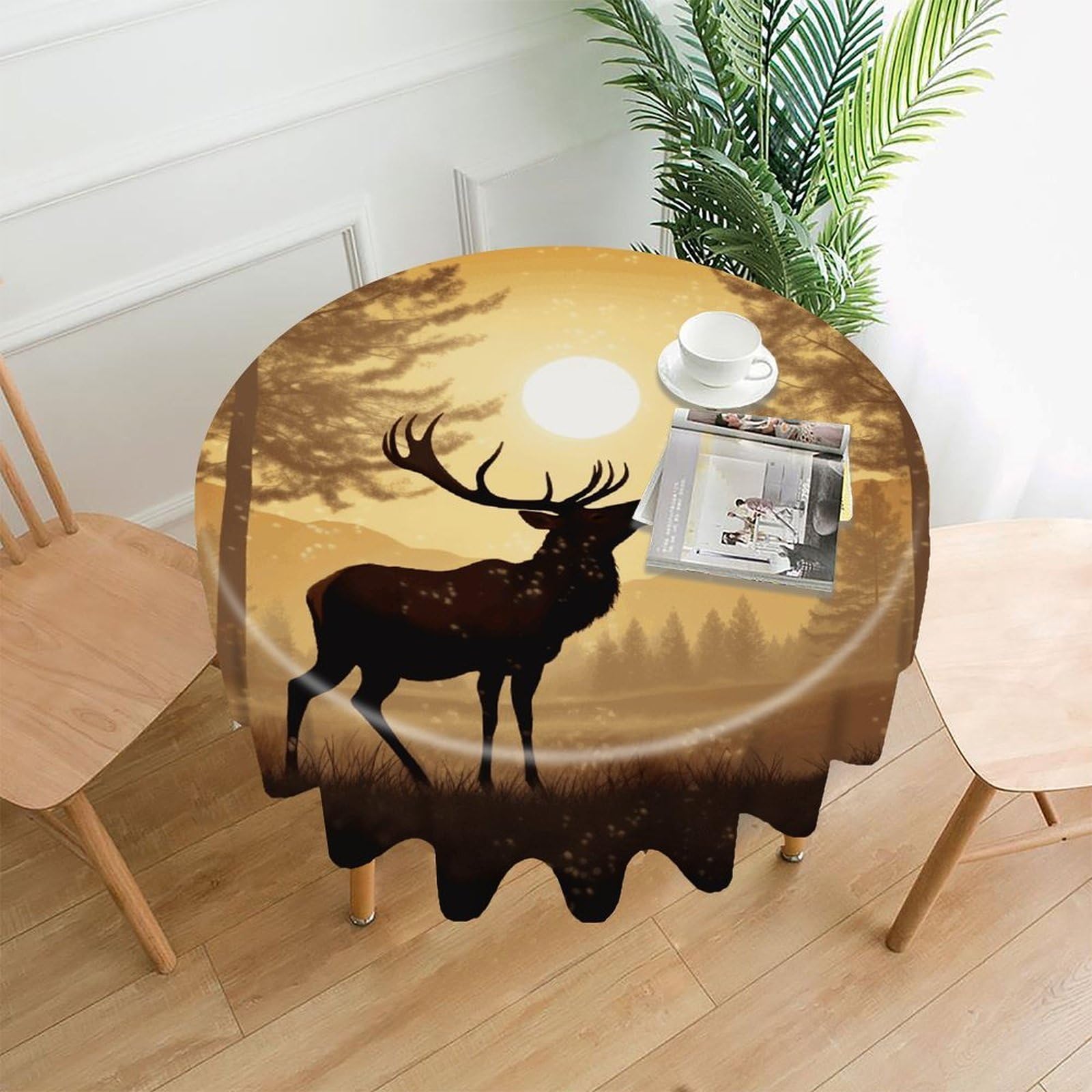 VstaDank Elk Artwork Tablecloth Easy to Clean Polyester Round Table Cover Washable Round Table Cloth Wrinkle-Free Circle Decoration Tablecloth for Kitchen Dining Room 60"