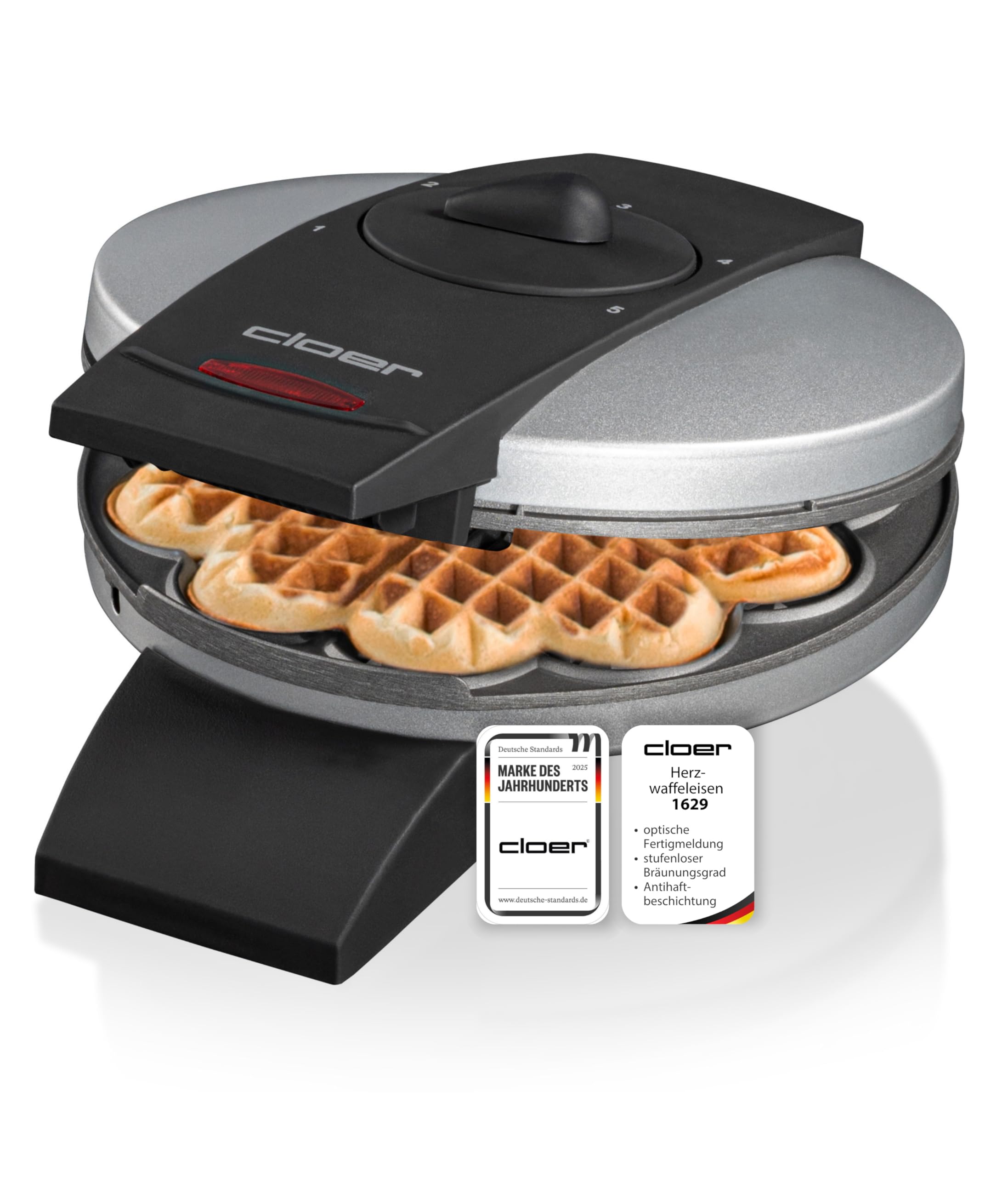 Cloer 1629 Waffeleisen für klassische Herzwaffeln 930 W Waffelgröße 15 5 cm stufenlos wählbarer Bräunungsgrad Metall Silber