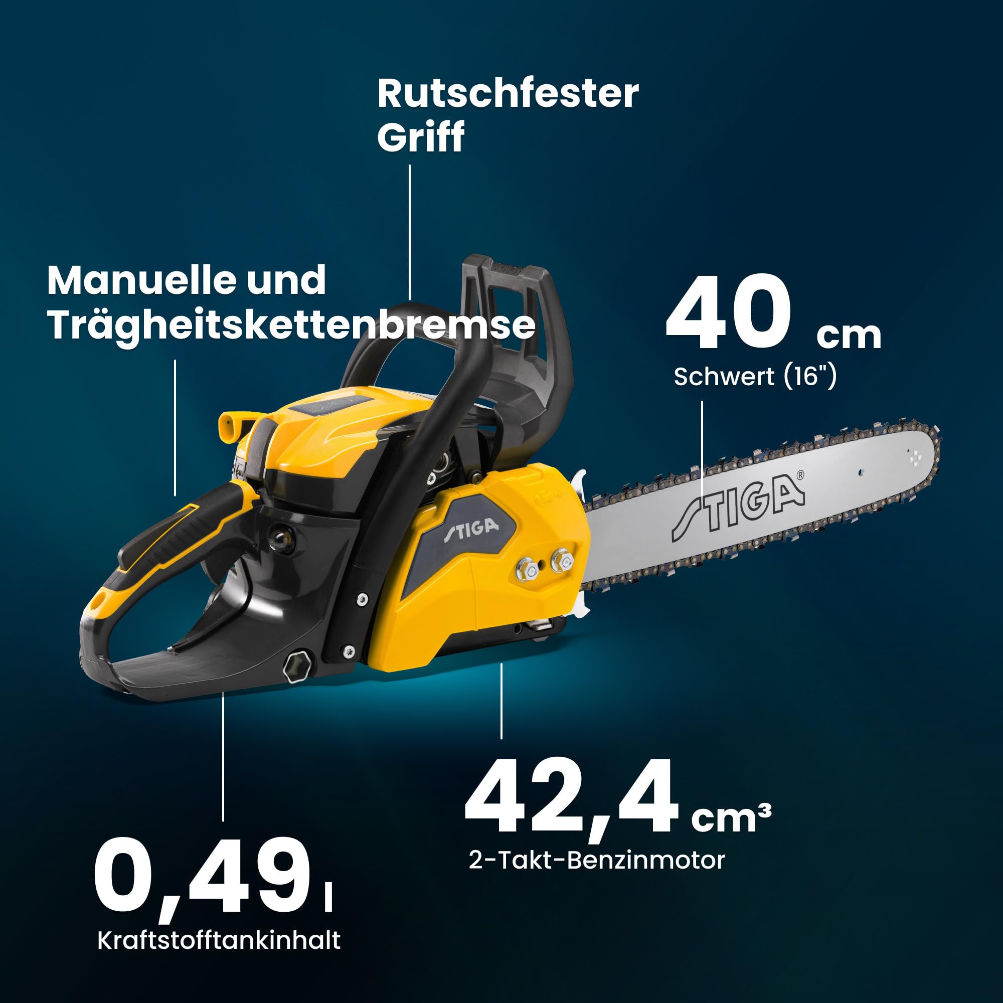 STIGA CS 545 (16') Benzin-Kettensäge - 42,4cc Motor, 40cm Schiene, einstellbare Ölpumpe, Vibrationskontrolle