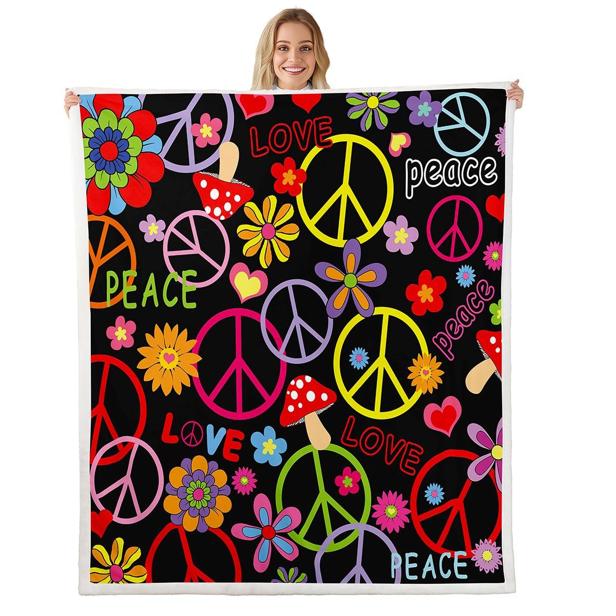 Bohemian Fleece Blanket Exotic Peace Sign Blanket,60s 70s Groovy Flower Throw Blanket Hippy Girl Flower Bed Blanket 50"x60",Mens Women's Halloween