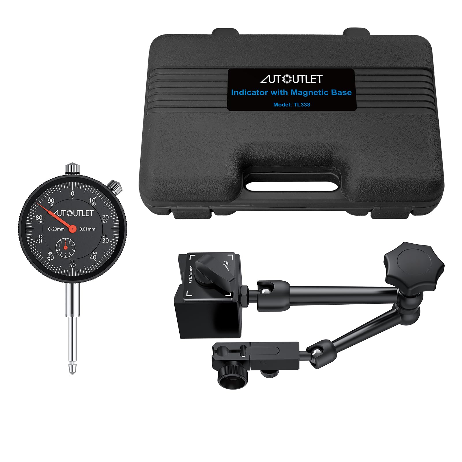 AUTOUTLET Comparador de Cuadrante Calibre con Indicador de Cuadrante de 0-20 mm con Base Magnética de 132 lb/60 kg