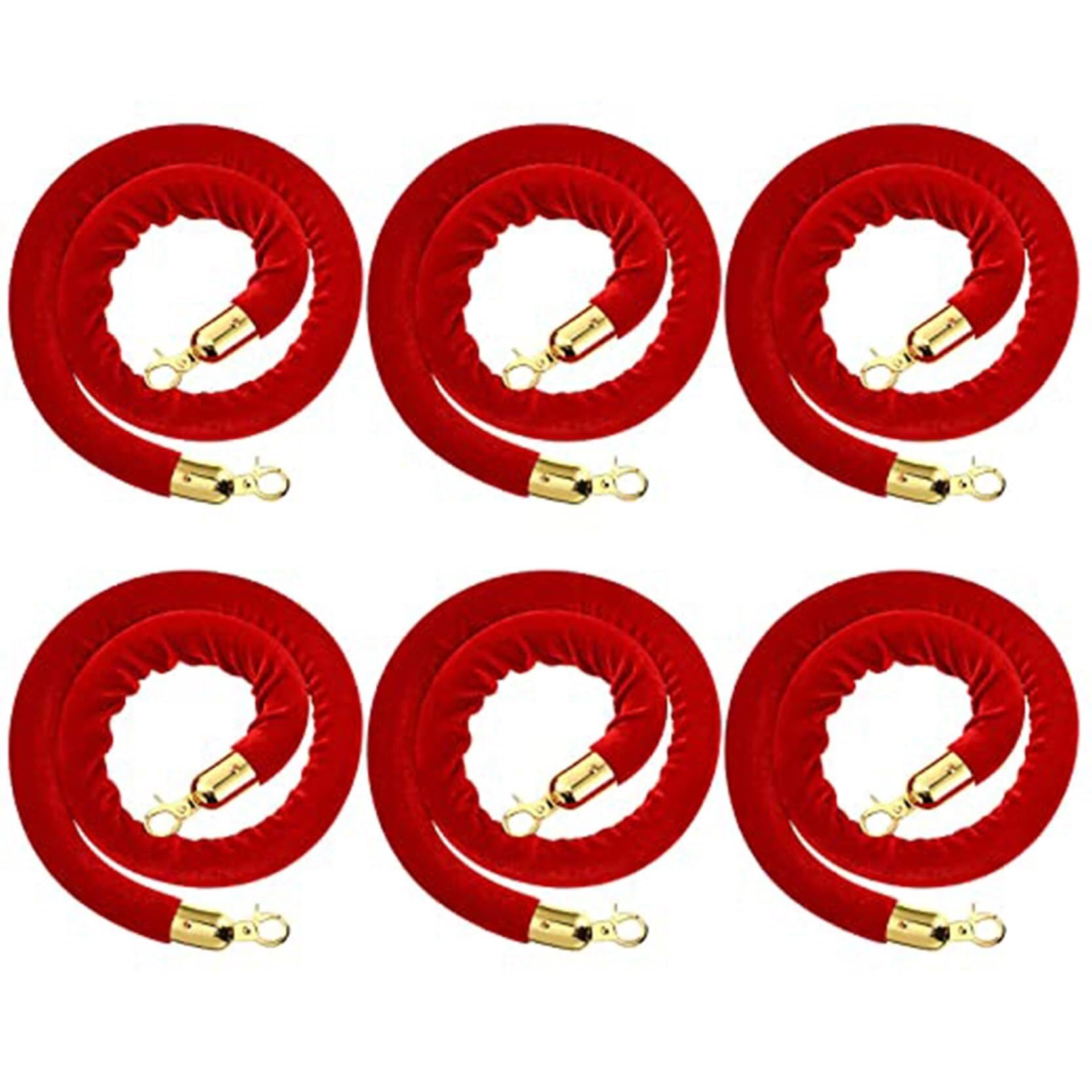 6 Pack Red Velvet Stanchion Rope with Polished Gold Hooks - Crowd Control Barrier for Events, Theaters, and Parties ((4.9ft/150cm)