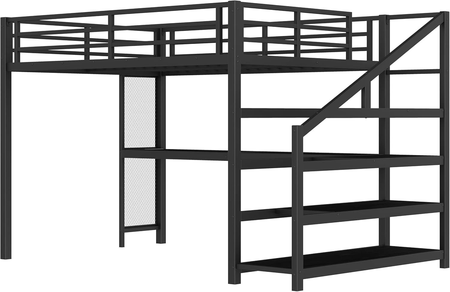 SOFTSEA Queen Size Loft Bed with Desk & Stairs, Heavy Duty Metal Loft Bed with LED Light & Charging Station, Queen Gaming Bed Frame for Teens Adults, Noise Free, Black