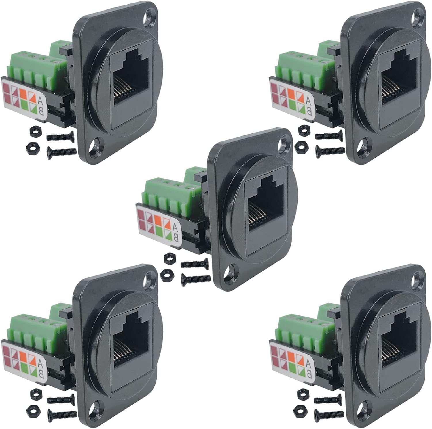 PENGLIN 5 connettori RJ45 femmina per montaggio su pannello di interruttore, adattatore con morsetto a vite, tipo D RJ45 8P8C femmina a 8 pin, per accoppiatore di rete LAN Cat5e