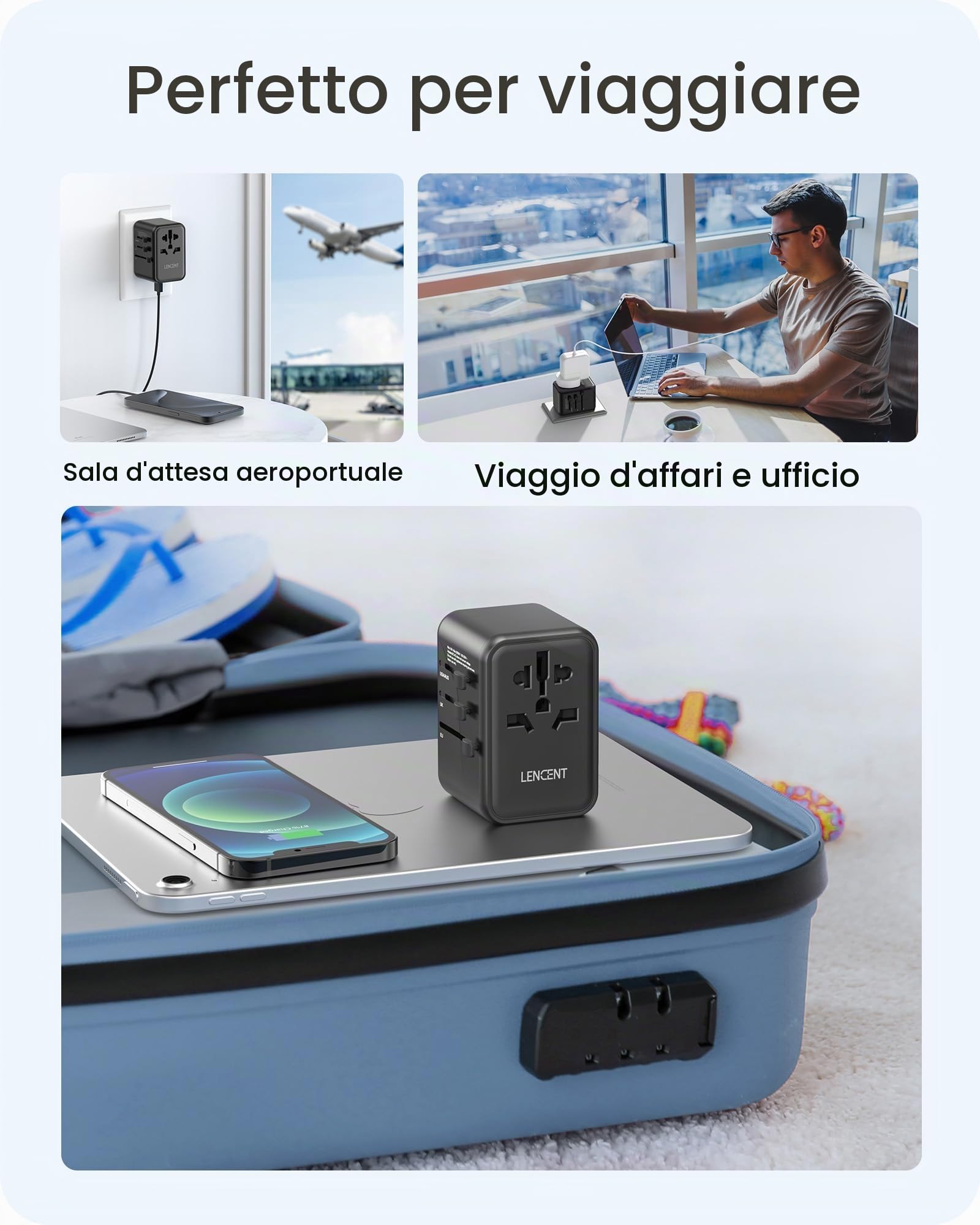 LENCENT Adattatore da Viaggio Universale, GaN3 65W Caricatore Presa | con 2 QC4.0 USB-A+ 2 PD3.0 USB-C PPS a Ricarica Rapida, Adattatore Presa AC in Tutto il Mondo, Spina di USA/UK/EU/AUS