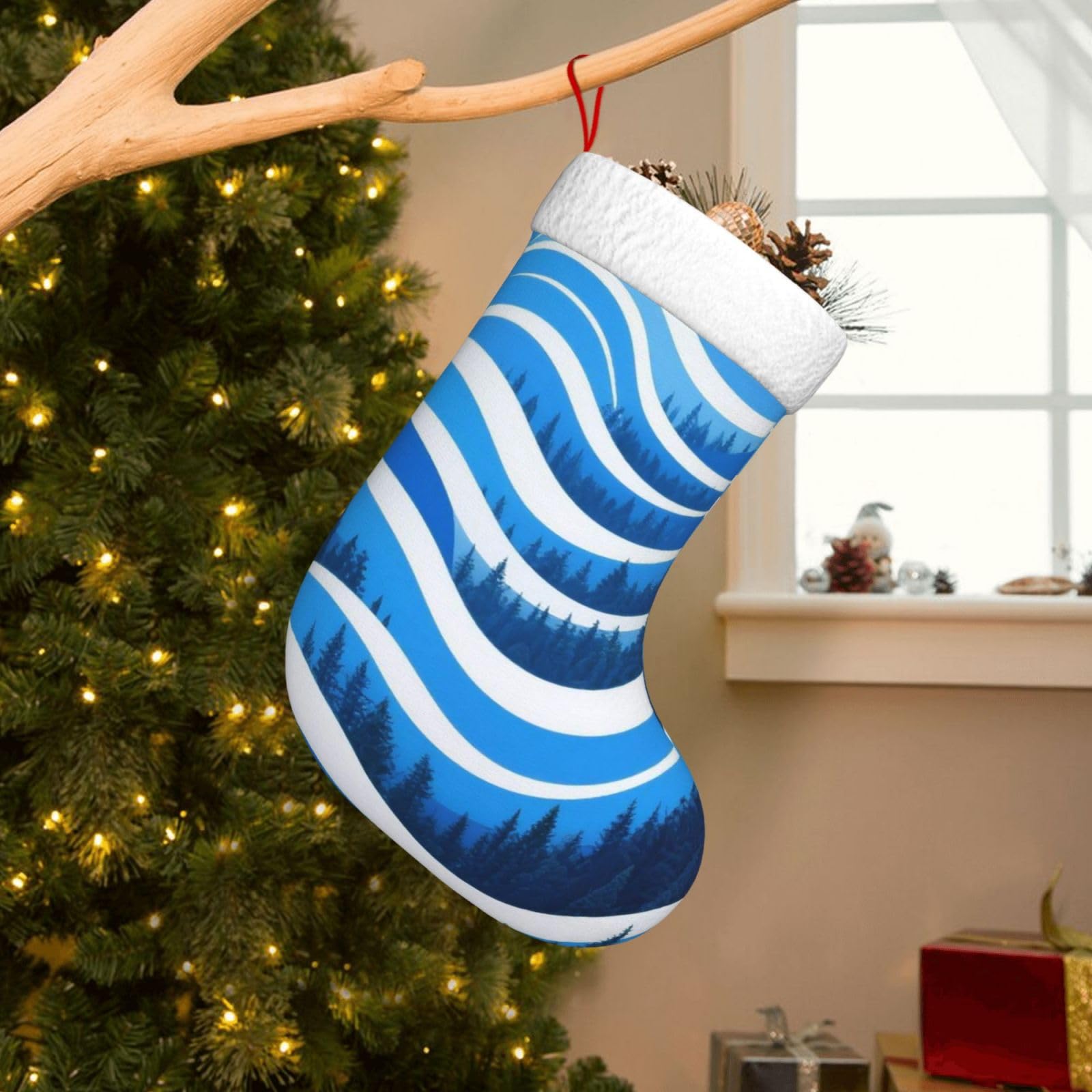 Velvet Christmas Stockings 17.7 Inch, Forest Abstract Wave Xmas Stocking with Soft Cuff,Classic Personalized Christmas Tree Decoration for Family Holiday New Year Party Supplies