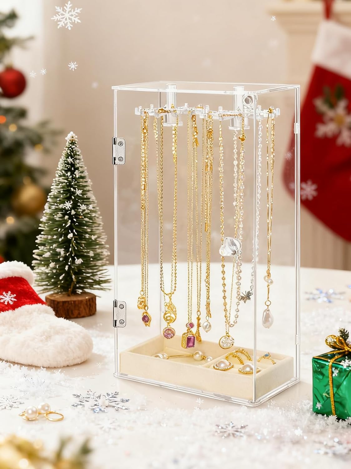 Necklace Holder, Acrylic Jewelry Organizer with 24 Hooks, Rotation Clear Necklaces Pendant Display Case Stand, Dust-proof Velvet Tray Hanging Rack Storage for Earrings Rings - Image 2