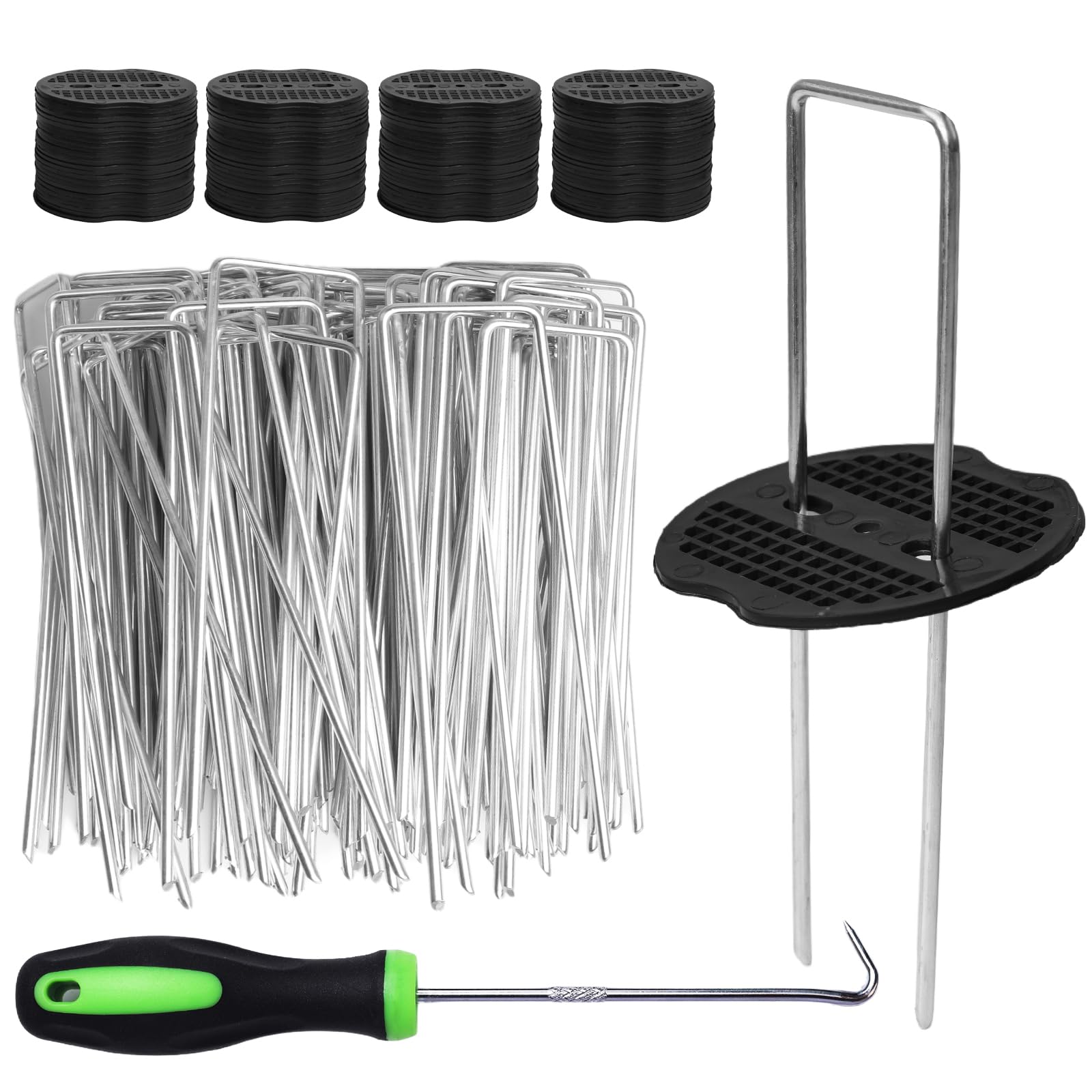SDLDEER 100 Weed Control Membrane Pegs, 100 Buffer Washer, 15cm Weed Membrane Pegs with Nail Hook, Heavy Duty Ground Pegs Set for Garden Landscape Staples Weed Barrier Cover Artificial Grass Pins