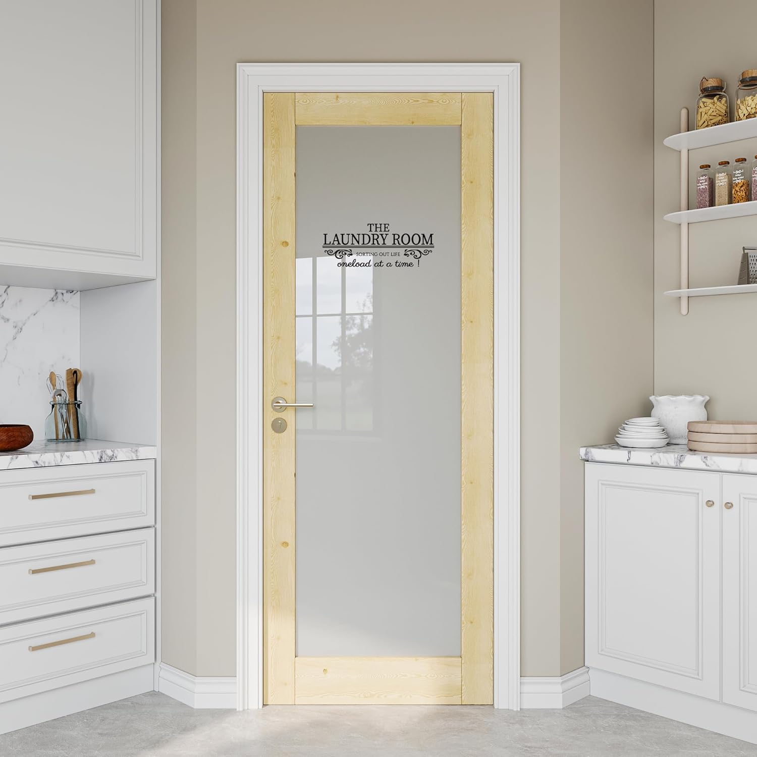 Glass Laundry Door 30in x 80in, Wood Doors with Frosted Glass, as French, Bifold, Sliding, Barn, Pocket Door Slab, Interior Doors with Self-Adhesive Waterproof & Fade-Resistant Laundry Sticker