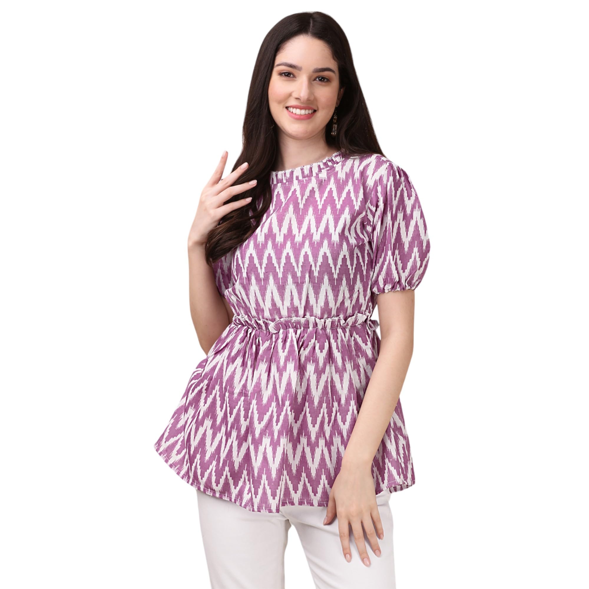 Chic Women's Half Sleeve Ruffle Neck Top – Elegant Ikat Print Blouse for Every Occasion-image-1