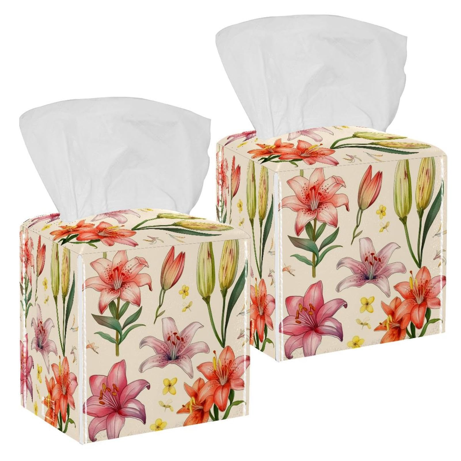 Cartoon Watercolor Lilies Tissue Box Cover, 2 Pack PU Leather Square Facial Tissue Dispenser Box holder for Home Office Car