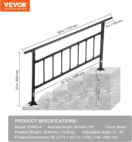 Miniatura 50 de VEVOR Pasamanos de escalera de metal ajustable para escalones al aire libre, 2-3 escalones, arco negro #1, barandillas gruesas para escaleras