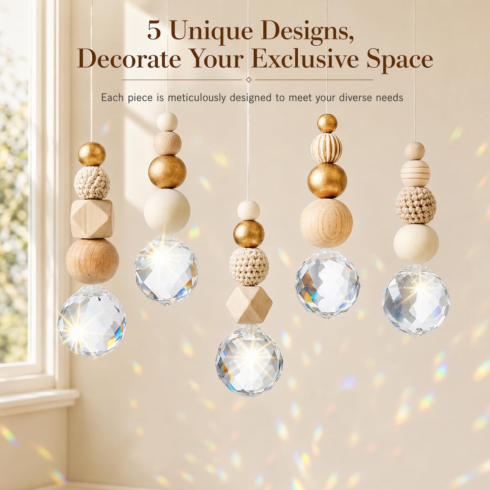 Yuragim Kristall Sonnenfänger Bastelset, 5er Set Suncatcher mit Holz- & Kristallkugel, Skandinavische Wohnraum Dekoanhänger DIY Sonnenfänger Basteln Garten Windspiel Hängedeko Lichtspiel Fenster