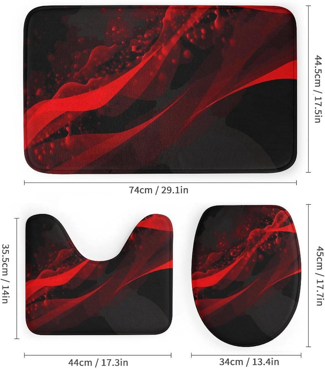 Black and Red Background Shower Curtain Set 4 Piece, Non-Slip Bath Mat with Toilet Lid Cover and Waterproof Shower Curtain with 12 Hooks, Complete Bathroom Set for Home Decor