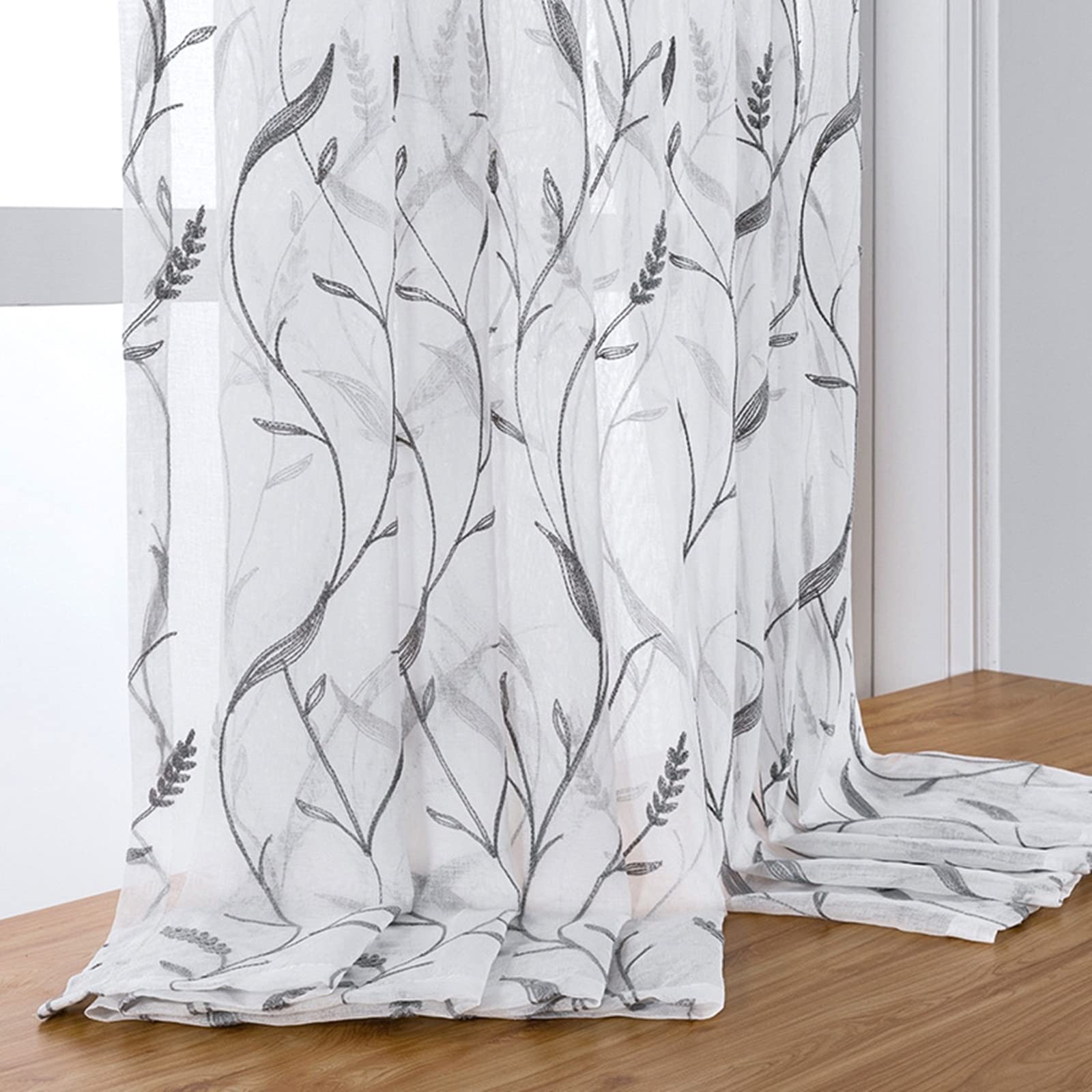 Daesar Zasłony żakardowe ze wzorem pszenicy, 86 x 160 cm, półprzezroczyste, zestaw 2 sztuk, zasłony do salonu, bez wiercenia, szare