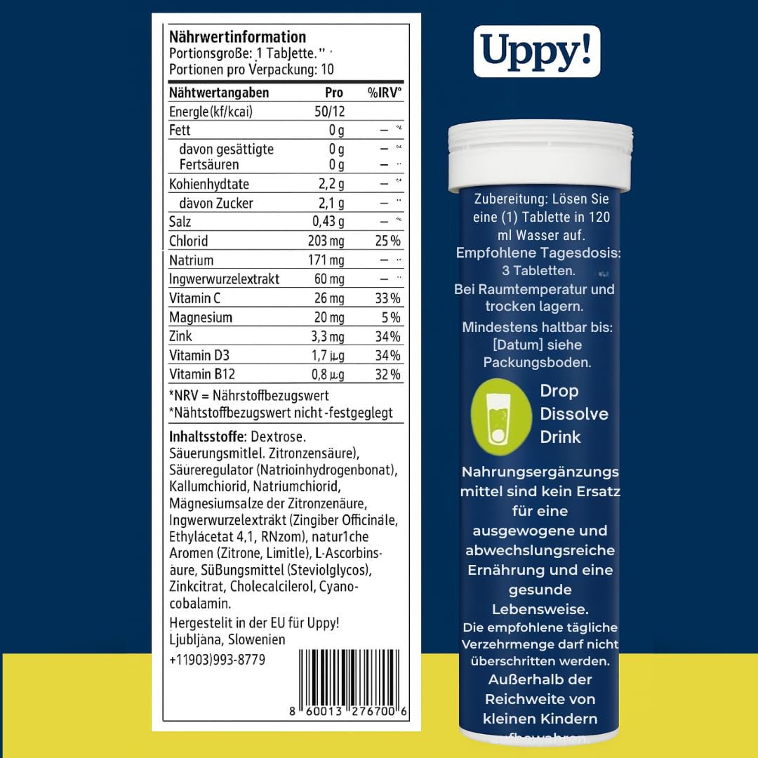 Uppy! Elektrolyte Brausetabletten Zitrone-Limette mit Ingwer, 120 Tabletten (12 x 10), löslich in Wasser, für Reisen & Sport