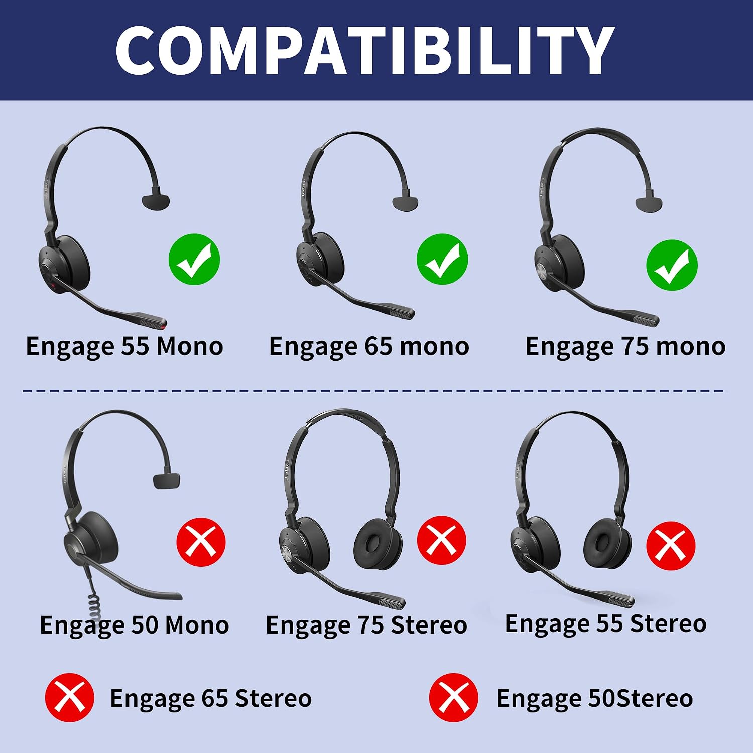 Lukvcoe Replacement Ear Pads Cushions for Jabra Engage 55/65/75 (Mono Version) Headphones (Does Not Fit Engage 50, Engage 55/65/75 Stereo Version) Earpads Replacement Pads with High-Density Foam