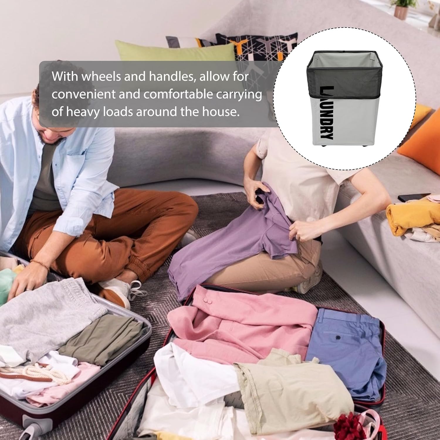 FUOYLOO Collapsible Laundry Basket with Wheels Large Capacity Oxford Fabric Folding Laundry Hamper with Single Handle for Home Storage and Organization