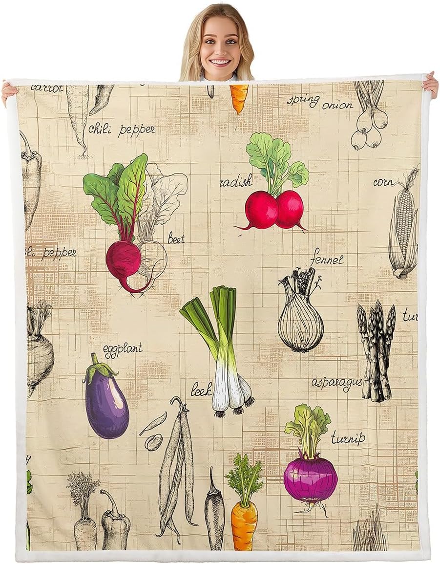 Feelyou Vegetables Fleece Throw Blanket Radish Eggplant Print Sherpa Blanket for Sofa Couch Food Theme Plush Fresh Vegetable Pattern Warm Fuzzy Room Decor 50"x60"