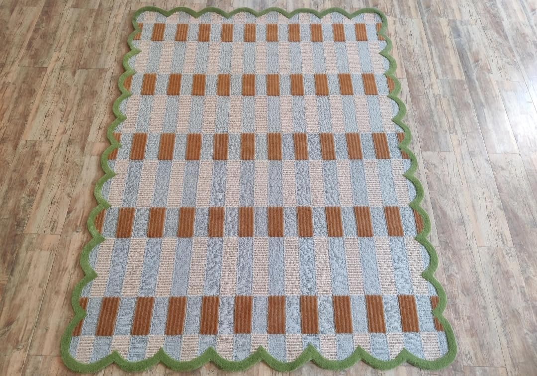 Geometric Area Rug with Scalloped Border, Blue Beige Orange Green, Textured Checkered Pattern, Modern Contemporary Style (270 * 270 cm)