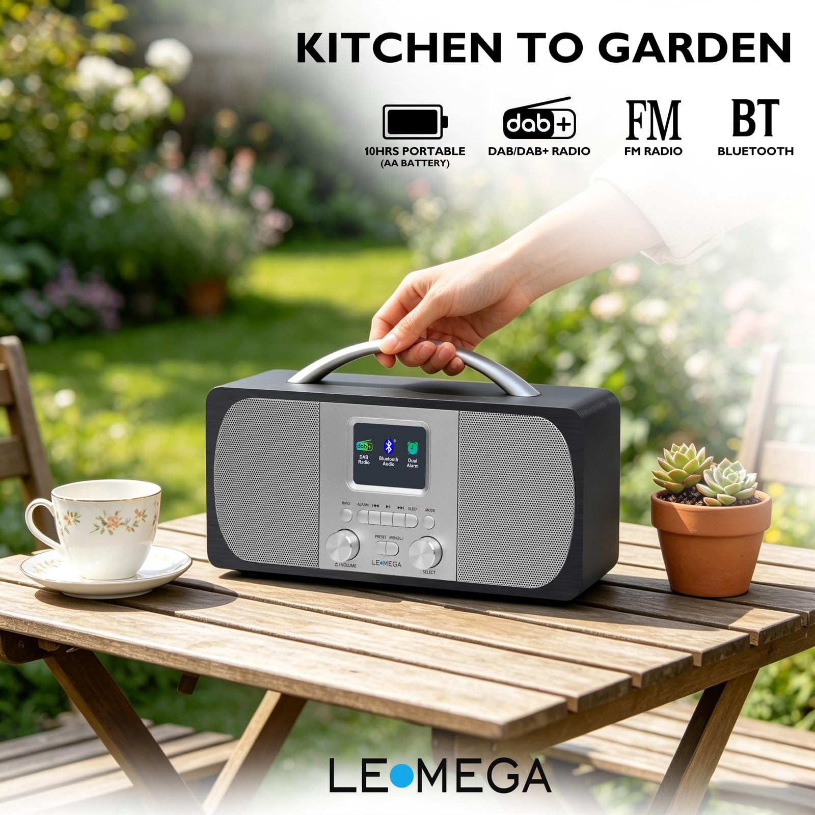 LEMEGA DR6 Radio Stereo Digitale DAB/FM,Radiosveglia con Bluetooth,Alimentazione a Batterie o Corrente,Radio DAB+ Elegante per Cucina o Camera con Struttura in Legno e Pannello Frontale in Metallo