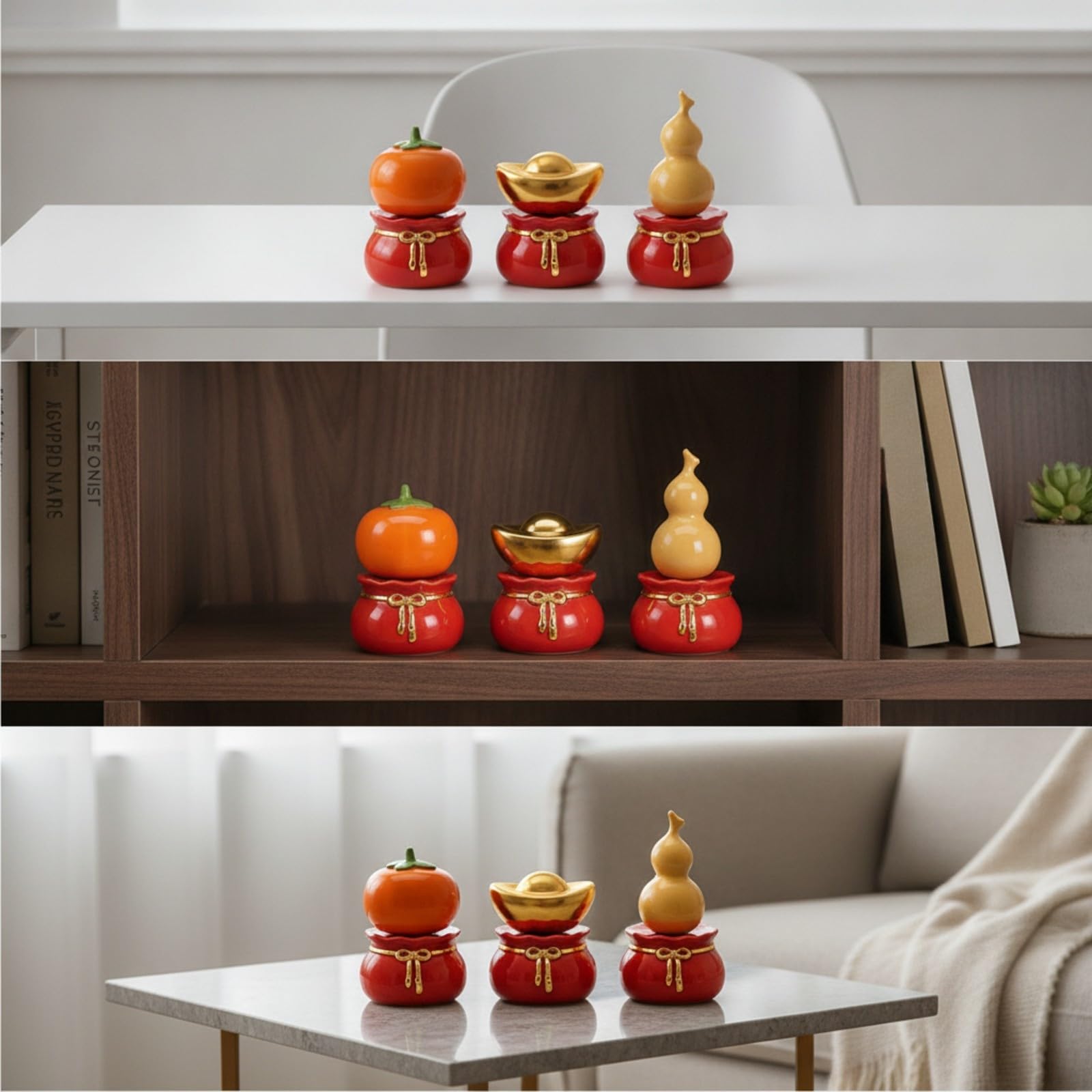 3 Piezas Adorno Cerámica con Detalle Dorado Compacta Figura Decorativa Brillante Decoración para Oficina
