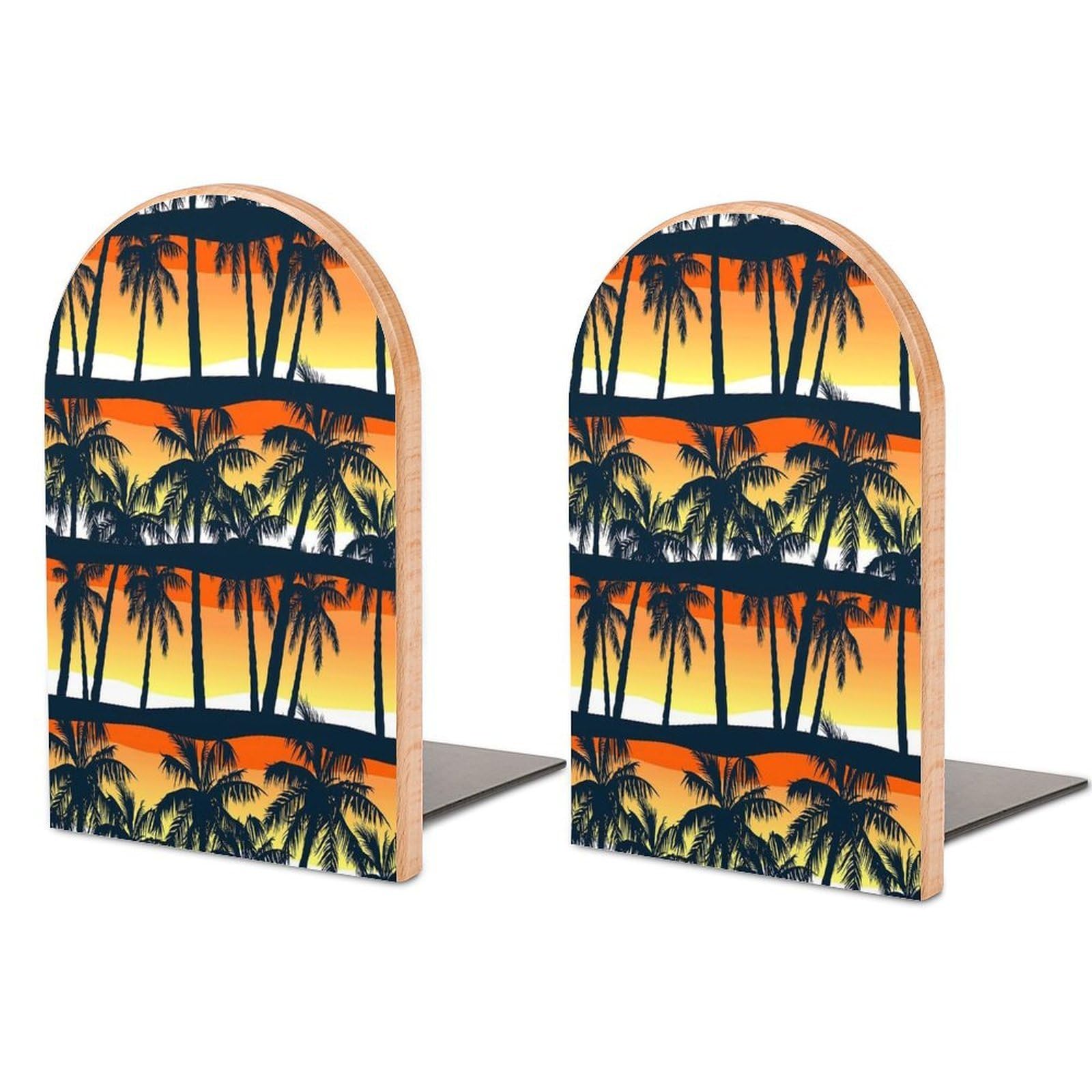 Tropical Palms Trees at Sunset Beech Wood Bookends Heavy Duty Book Organizers Desktop File Holder for Office Home Bookshelf