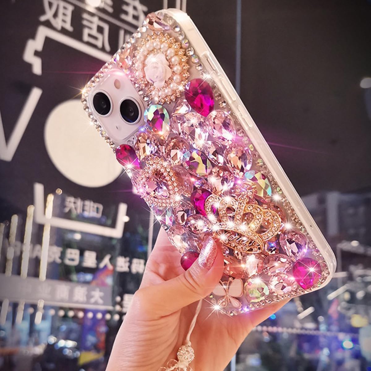 for iPhone 16 Glitter Bling Case,Cute Luxury 3D Sparkle Crown Crystal Rhinestone Diamond Stunning Gemstones Pearl with Lanyard Wrist Strap Women Girls Phone Case for iPhone 16 6.1" (Hot Pink) - Image 8