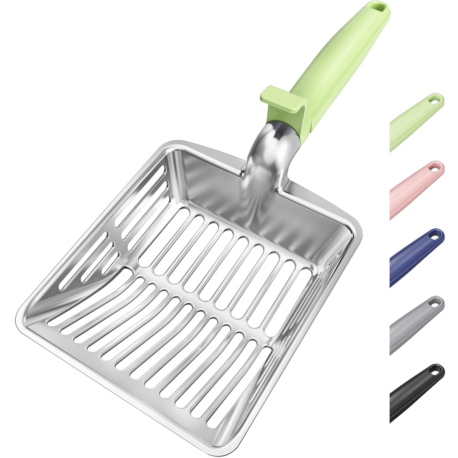 Metal Cat Litter Scoop, Large Cat Scooper with Deep Shovel & Dual Sifting Holes for Fast & Precise Sifting, Space Aluminum Kitty Litter Scooper with Long Handle & Easy-to-Hang Hook - Mint