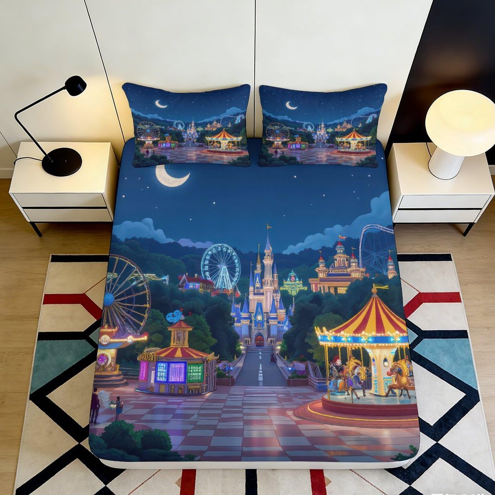 3D Printed Amusement Park Night Fitted Sheet Microfiber Soft Breathable Carnival Mattress Cover for Bedroom Decor 90x200x25cm