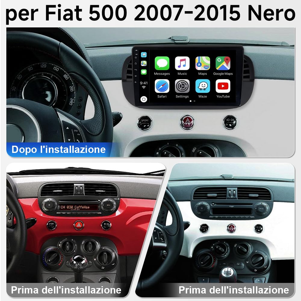 Autoradio per Fiat 500 2007-2015 Android 15 4+64GB - Schermo 9" 1280x800 con Wireless CarPlay Android Auto - GPS Navigatore, Bluetooth 5.4, WiFi 6.0, DSP, Touchscreen