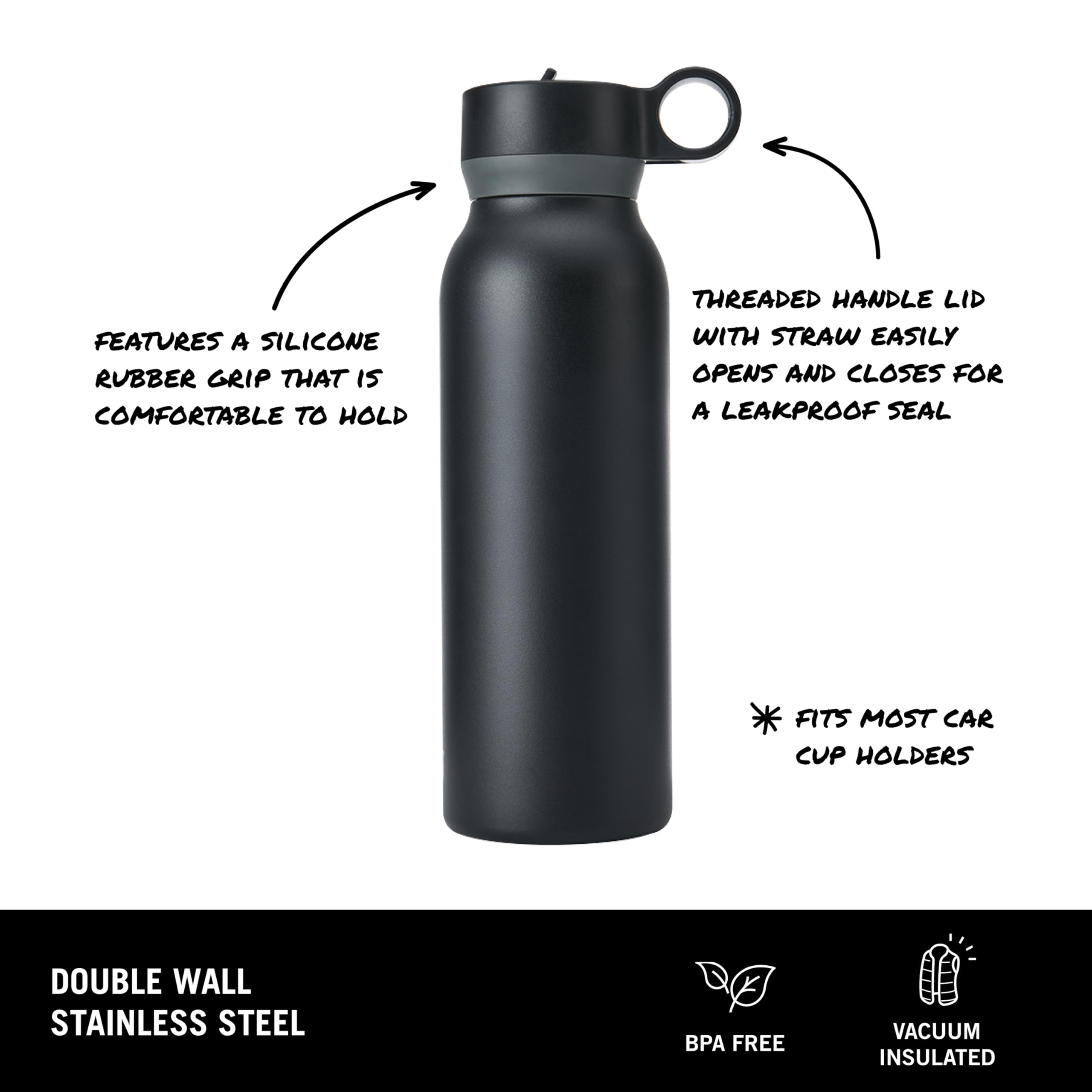 Bula Botella De Hidratación De Acero Inoxidable De Doble Pared Con Popote Desplegable, 22 Onzas, Frío, 24 Horas (medianoche