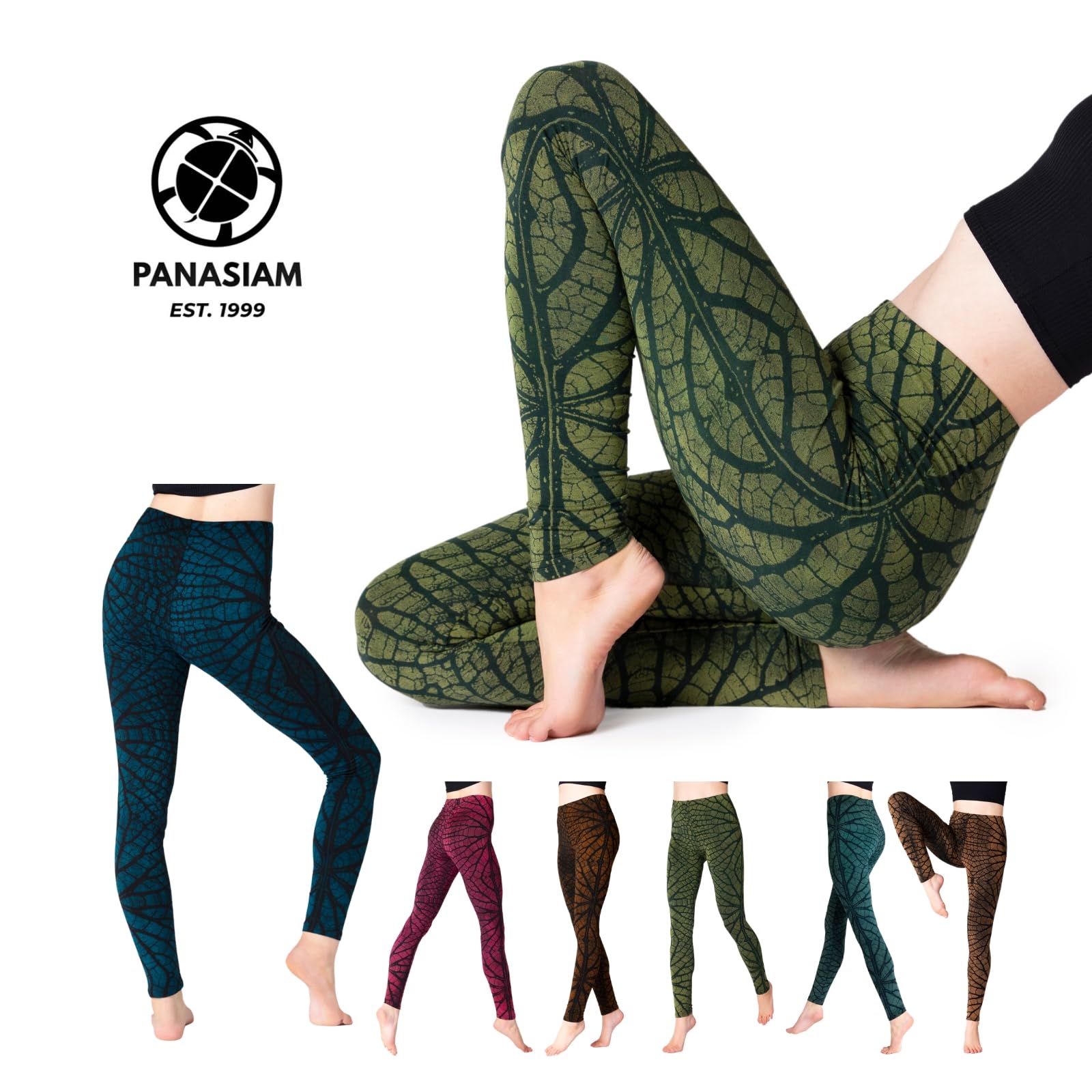 PANASIAM Batik Leggings Liści damskie - legginsy ze strukturą liścia - Do jogi, sportowe, fitnessu - naturalny materiał - wygodny - sportowy - modny