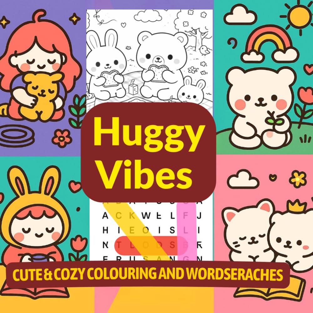 Huggy Vibes : Cute & Cozy Colouring and Wordsearches with Adorable Characters Bunny and Bear: A Collection of Cozy Scenes and Wordsearches to Warm Your Heart
