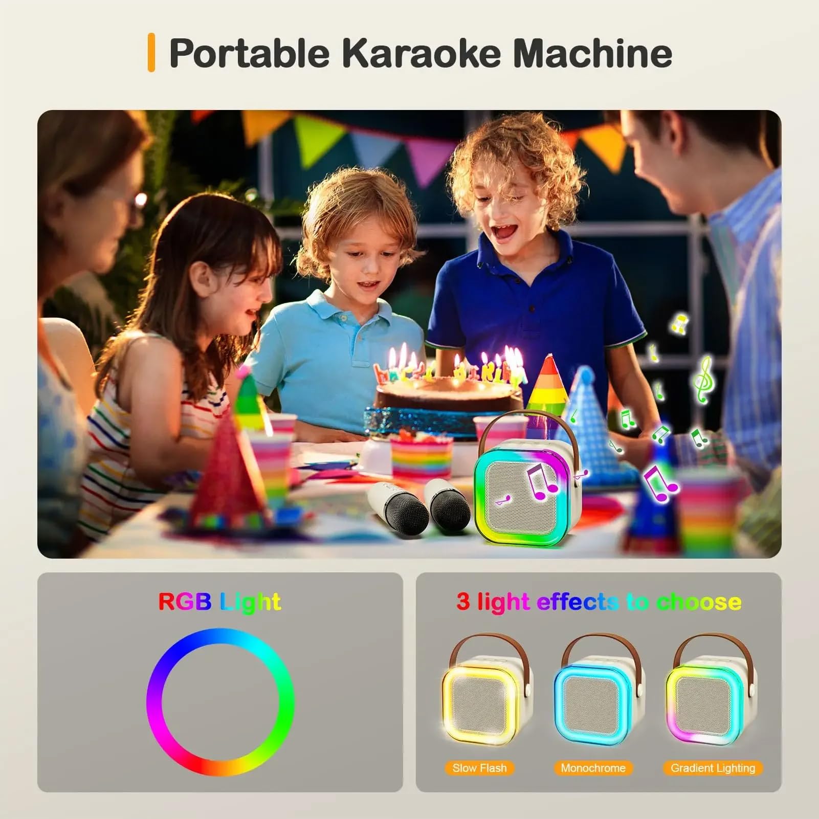 Mini urządzenie do karaoke, przenośny głośnik do karaoke Bluetooth z nastrojowym oświetleniem RGB i 2 mikrofonami, obsługuje 4 zmiany efektów dźwiękowych (White)
