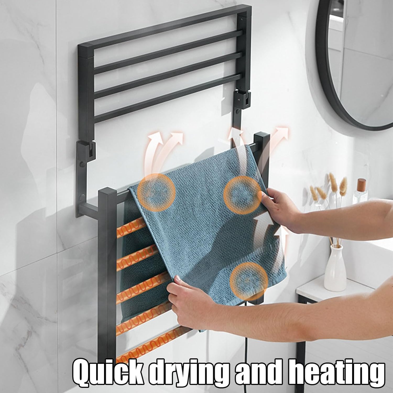 Wall Mounted Black Aluminum Heated Towel Rack with Timer & Temperature Adjustments Towel Warmer & Drying Rack for Bathroom Space-Saving Design with Top Shelf