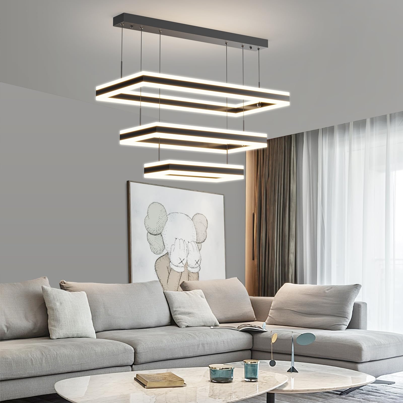SHINELUX Modern Ceiling Chandelier, 3 Layer Rectangle Pendant Light Fixtures, 3000K-6500K Dimmable Kitchen Island Lighting, Adjustable Height Hanging Led Light for Dining Room, Living Room, Foyer
