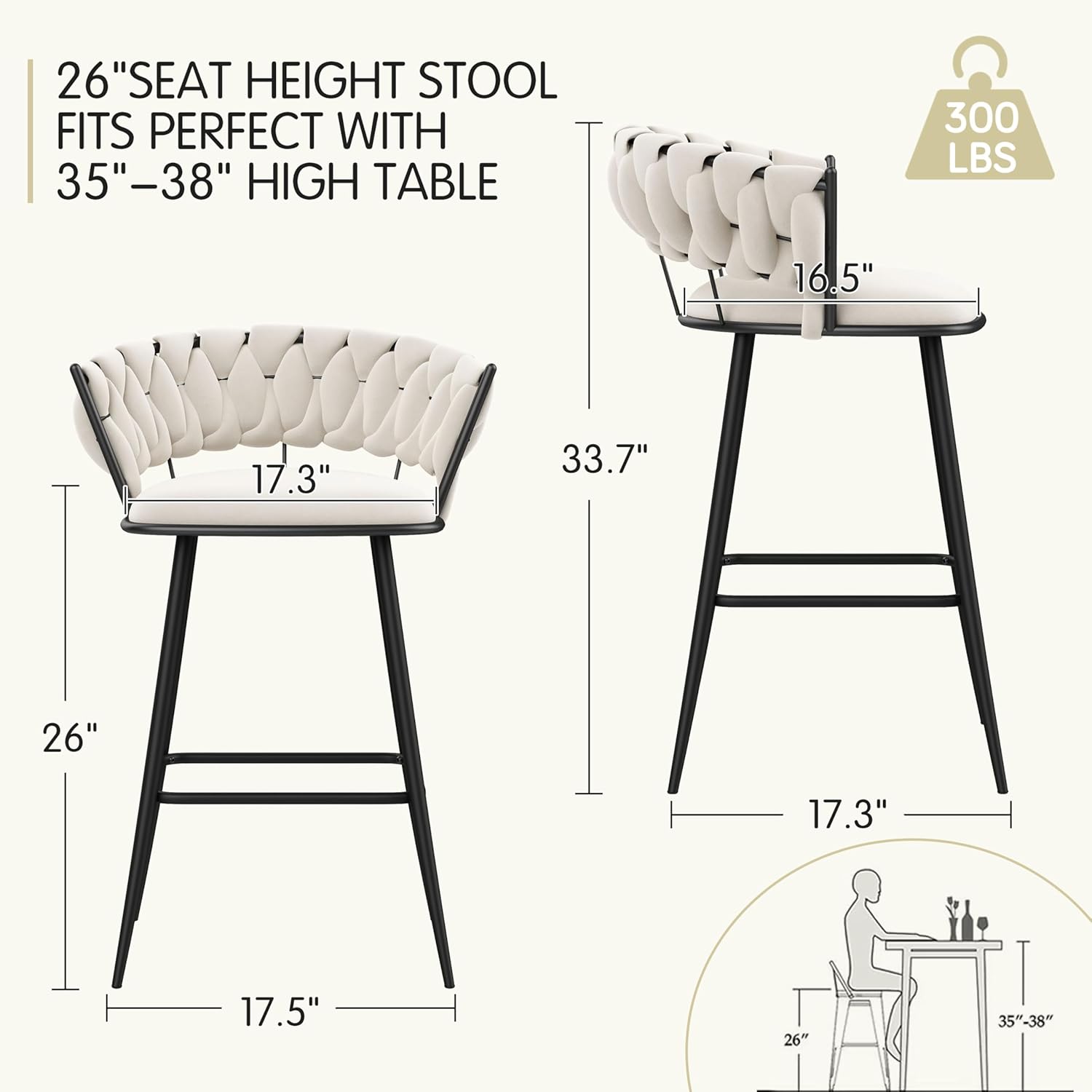 ALISH 26 Inch Bar Stools Set of 4,Upholstered Barstools with Woven Back and Footorest Velvet Modern Bar Chairs for Kitchen, Dining Room (Ivy, Set of 4)