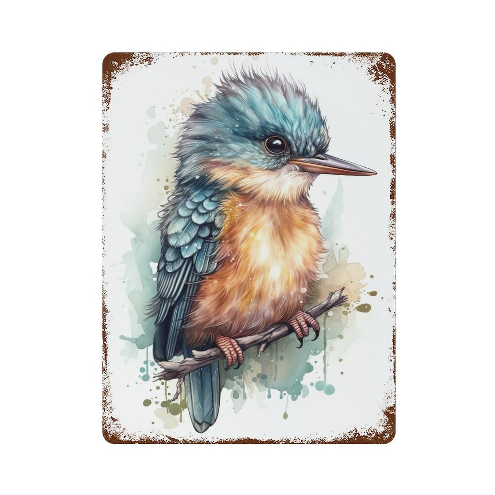 Watercolor Baby Kingfisher Rusty Metal Tin Sign 15.7"x11.8", Rustic Home Decor for Living Room, Hallway And Home Decor