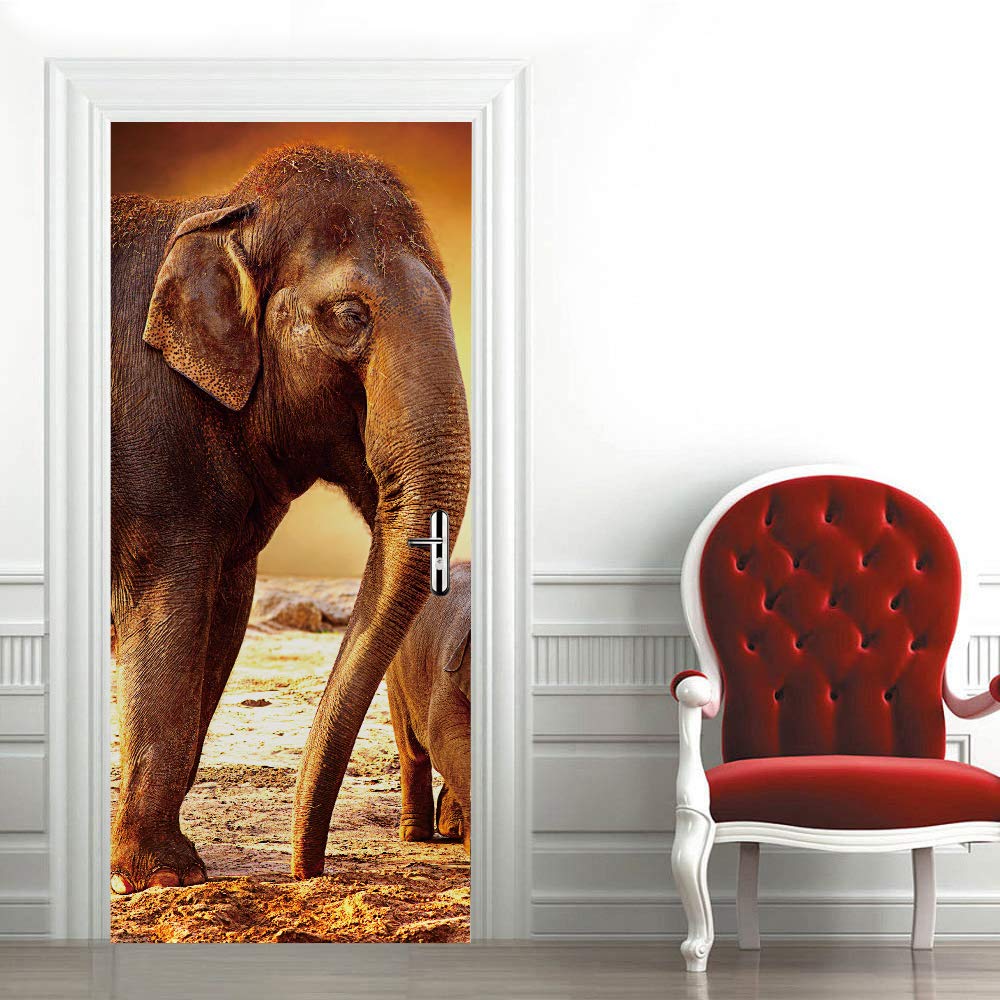 Trompe l'oeil porte impression 3D haute définition style artistique éléphant