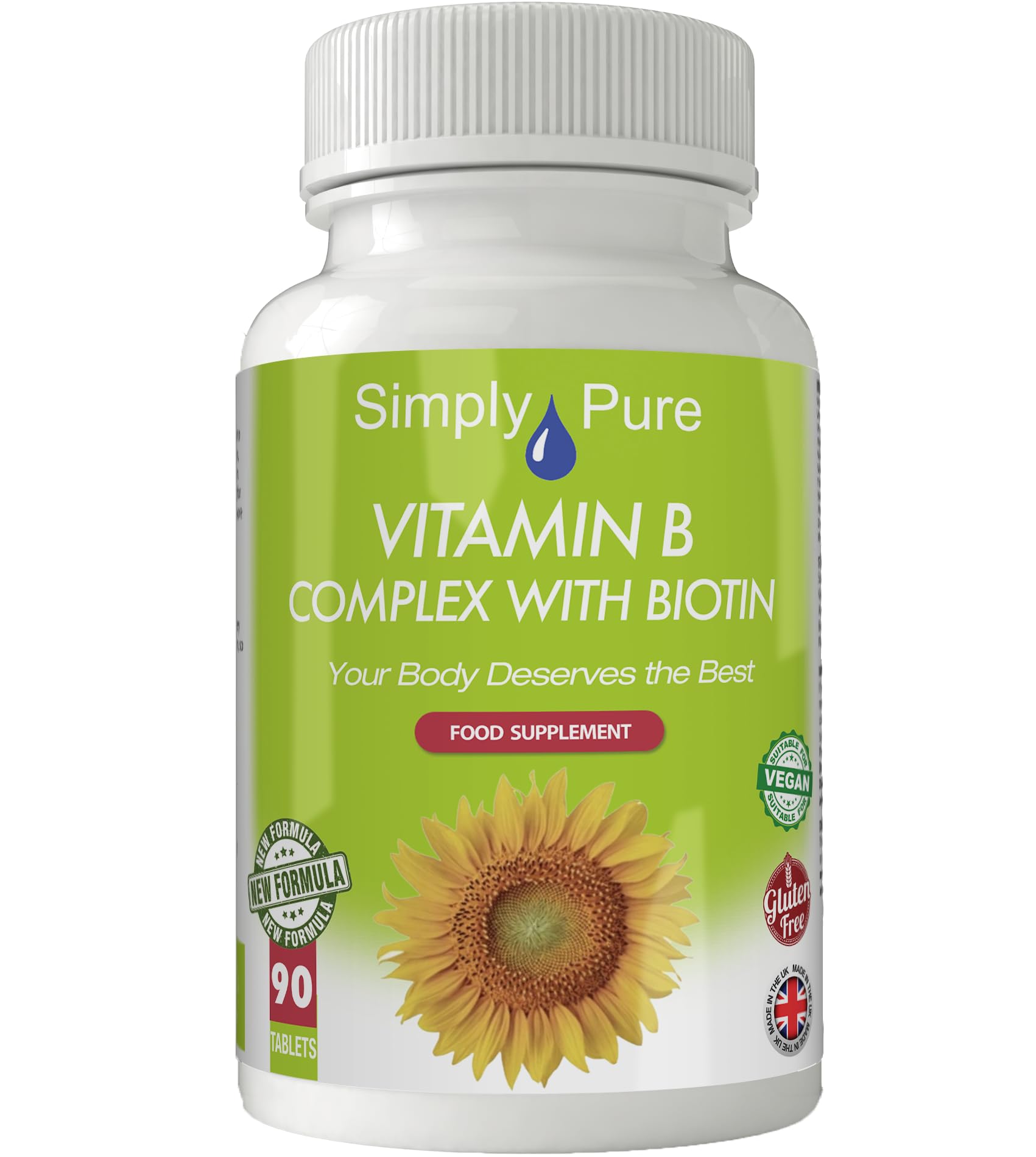 Simply Pure Vitamin B Complex with Biotin for Tiredness, Hair Strength & Growth and Immunity Boost | New Formula | 195mg Tablets x 90 | Gluten Free | GM Free | Vegan