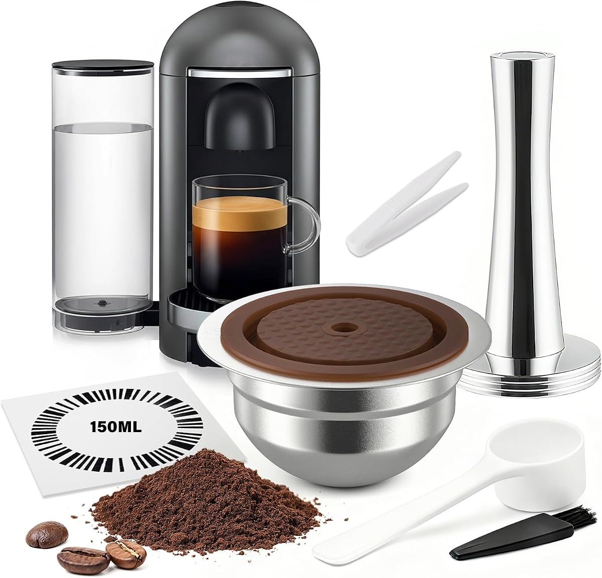 Cápsula de café reutilizable de acero inoxidable, cápsula recargable de 150 ml con tapas de silicona de grado alimenticio y prensador de 41 mm, compatible con máquinas Ve-tuo Next/Plus/Pop