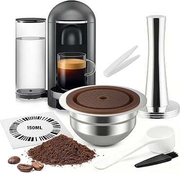 Reusable Stainless Steel Coffee Capsule, 150mL Refillable Pod with Food Grade Silicone Lids and 41mm Tamper, Compatible with Ve-tuo Next/Plus/Pop Machines
