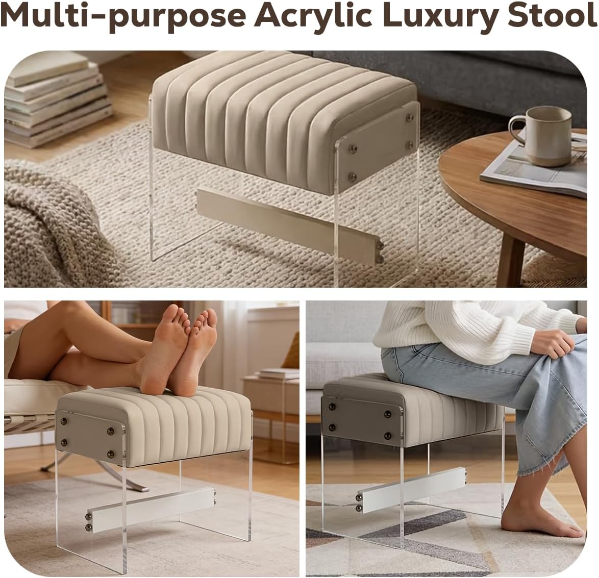 Acrylic Leg Makeup Stool, Channel-Tufted Upholstered Ottoman, 16.5" x 12.6" x 15.3", 600 lb Capacity, Beige