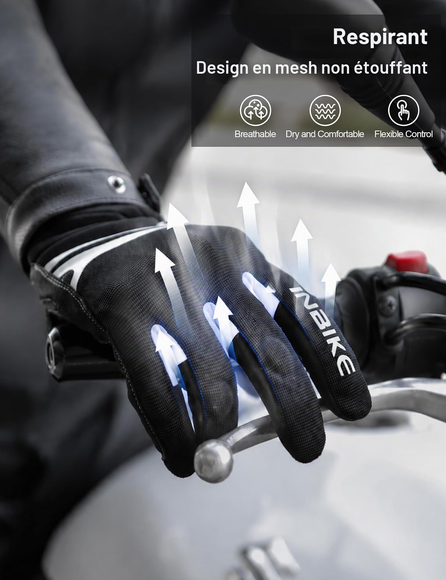 INBIKE Gants Moto Respirant, Gants à Écran Tactile Plein Doigt Antidérapant Idéal pour Moto Exercice Sport Running IM902