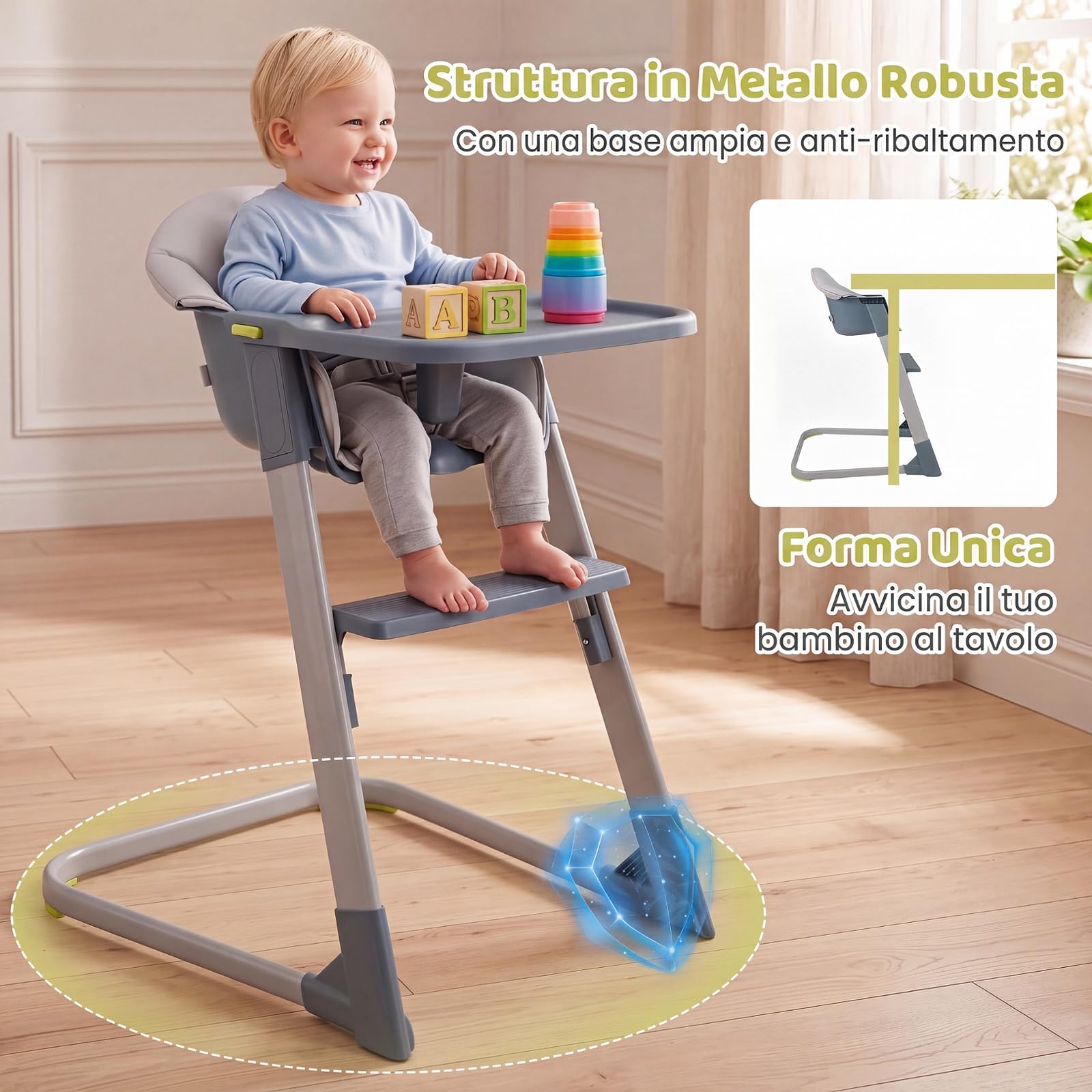 COSTWAY Seggiolone Pappa in PP, Seggiolone Alto per Bambini con Vassoio e Cuscino Rimovibili, Cintura di Sicurezza, Barriera Anticaduta e Poggiapiedi per Neonati 6-36 Mesi