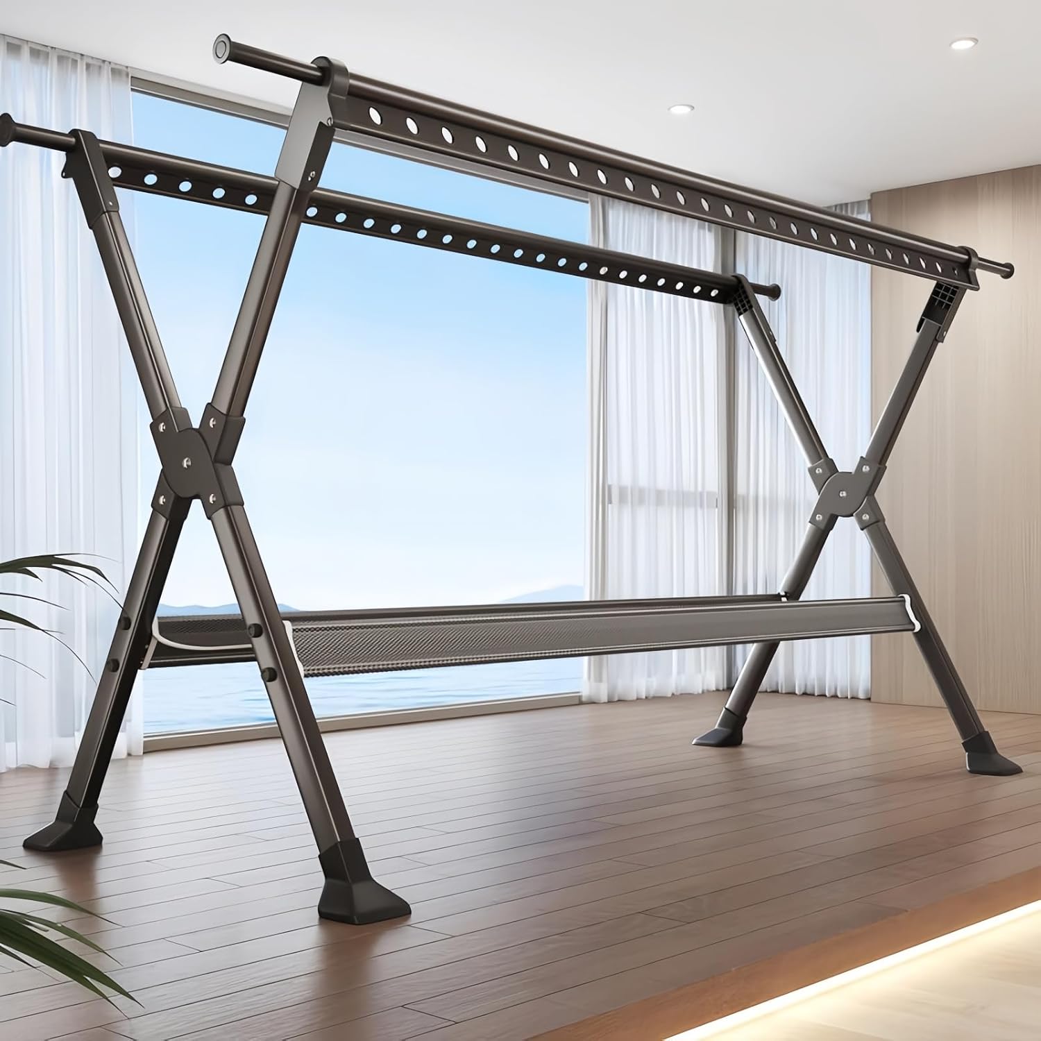 折りたたみ物干しラック 室内屋外兼用 伸縮150～250cm 高さ調節可能 炭素鋼製 防錆 大容量 布団・毛布対応 平置き物干しネッ