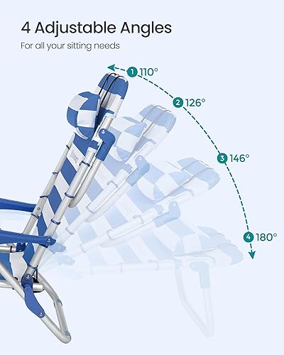 Miniatura 4 de SONGMICS Silla de playa portátil tipo mochila, capacidad de 331 libras, respaldo ajustable con 4 ángulos, 2 bolsillos laterales, toallero, azul y