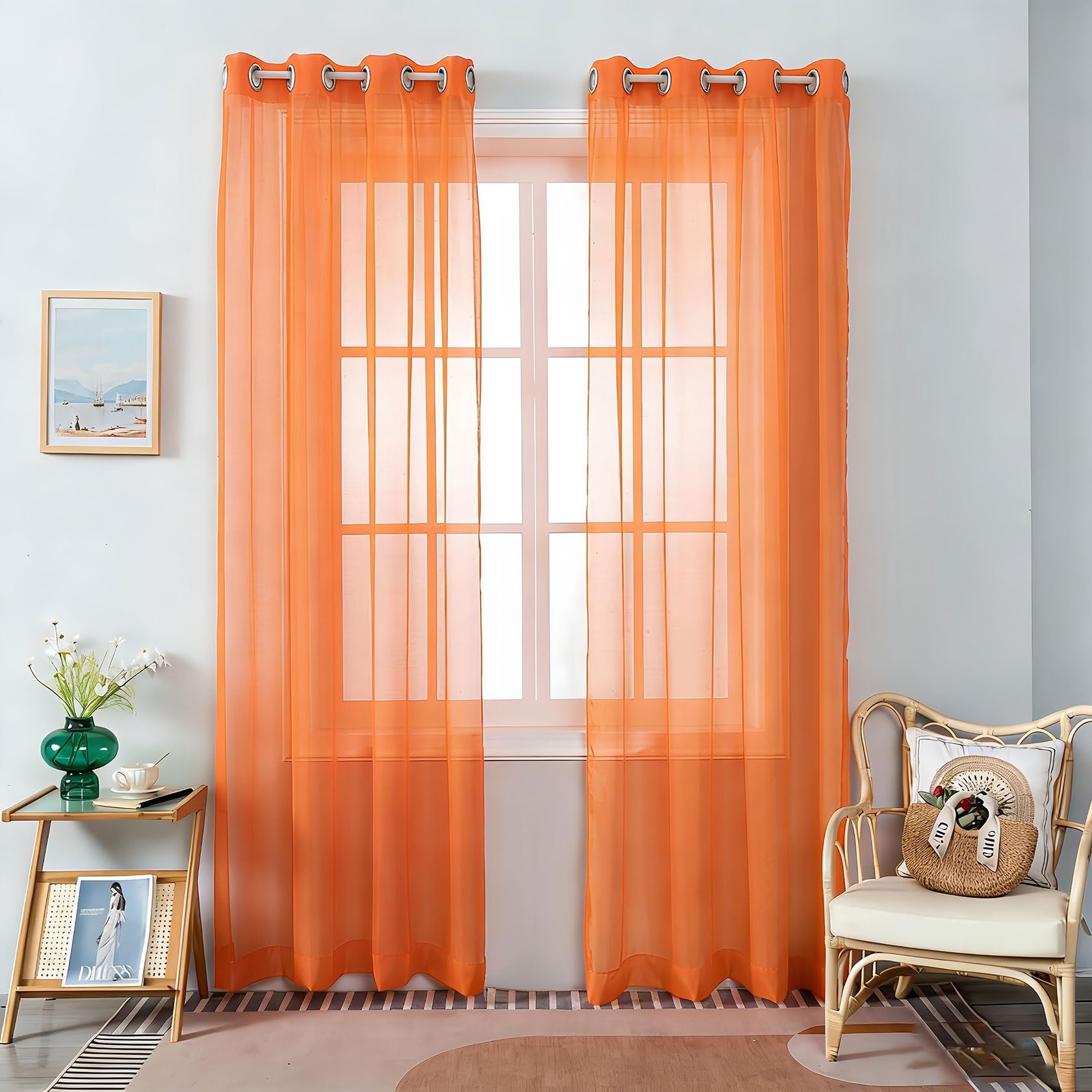 Voile Gardinen 200 x 230 cm mit Ösen, aus Voile Polyester, Luftig Fenstervorhang, Lichtdurchlässig Einfarbige, Optik Transparent, Langlebig für Fenstervorhang Wohnwagen, Orange